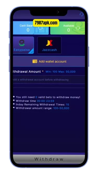 7987 Game Withdrawal system withdrawal gateways like JazzCash and Easypaisa